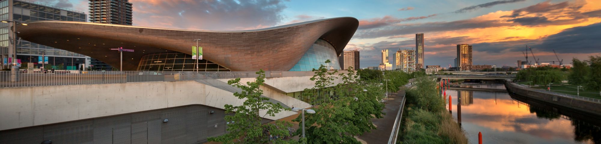 sunset and panoramic view of London Aquatics Center