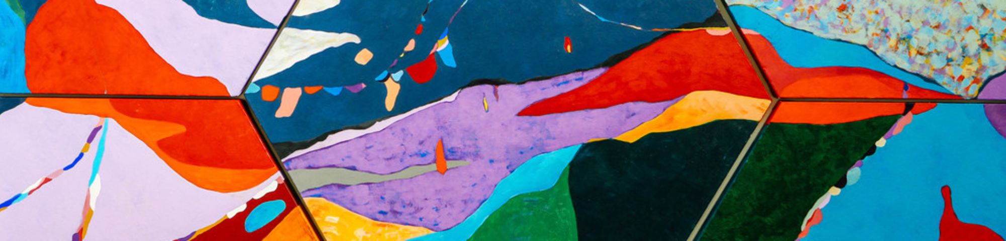 Colourful painting with sections in blue, purple, red and orange