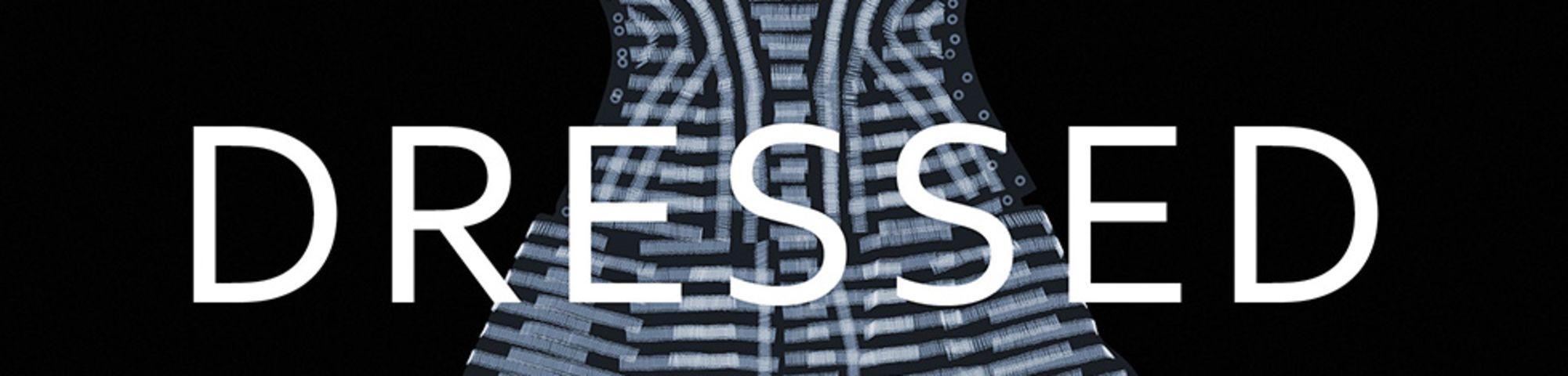 Book cover with black background and x-ray image of a-line dress