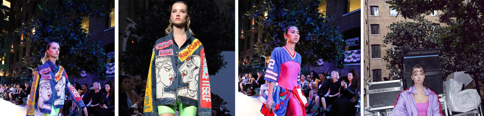 Models walking on catwalk wearing brightly coloured sportswear
