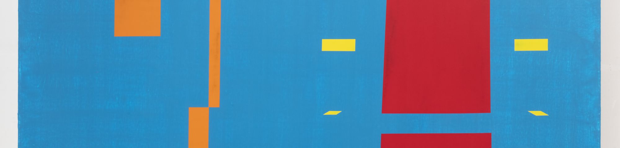An abstract painting of blocks in red, orange and yellow against a blue background