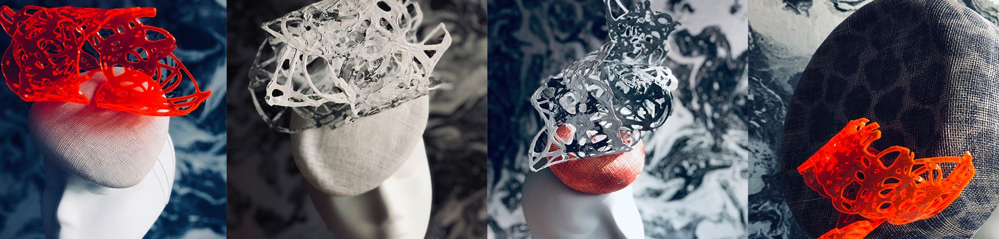 4 hats made using the laser cutting technique, made by Odette.