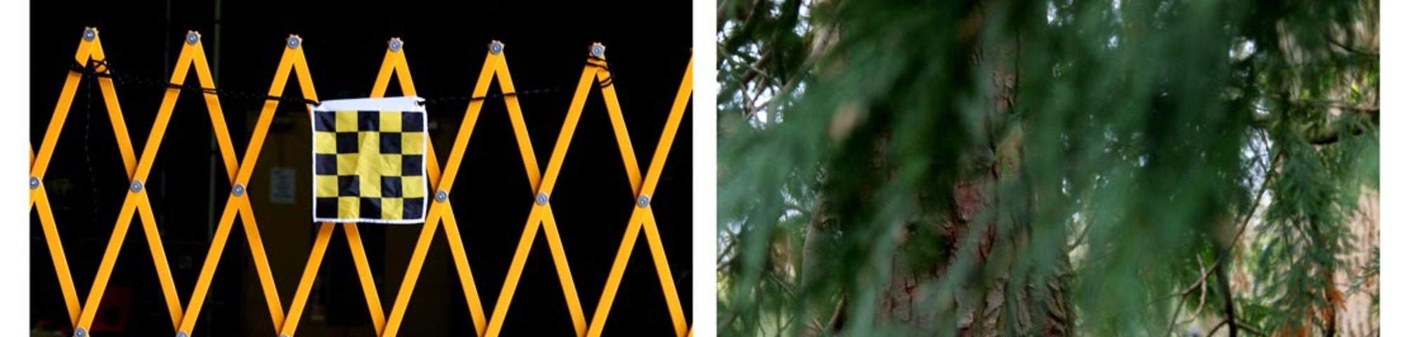 Two photographs, both showing exterior environments with coloured flags pinned on them