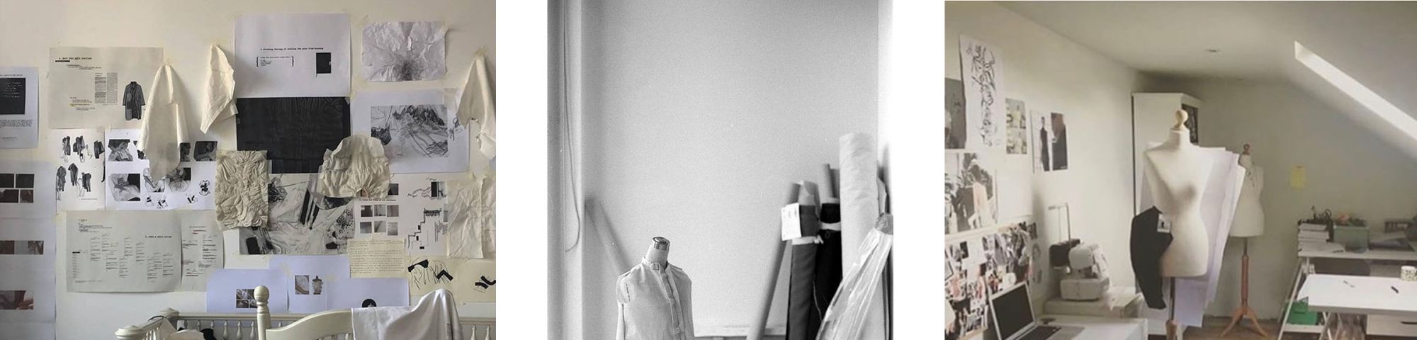 Design studios with different elements like mannequins, moodboards and design patterns