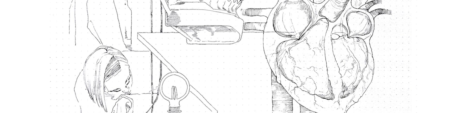 Stylised drawing of people with diagram of a heart and model of a jaw bone
