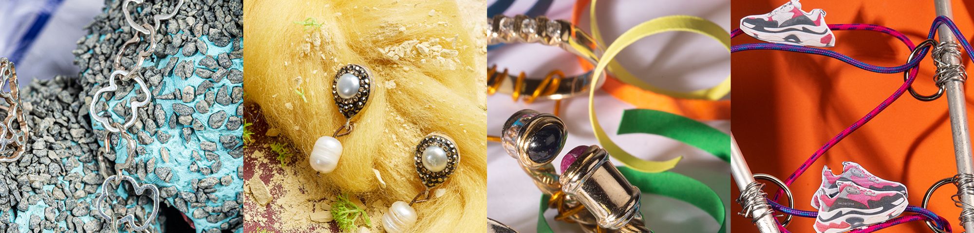 Work by Visual Merchandising - Interiors students, taken by Sarah Manning. 4 photographs (left to right), a chain sitting on blue and grey rocks. Earrings pinned to yellow hair like material. Gold rings among colourful ribbon and photographed pairs of trainers sitting on USB cable.