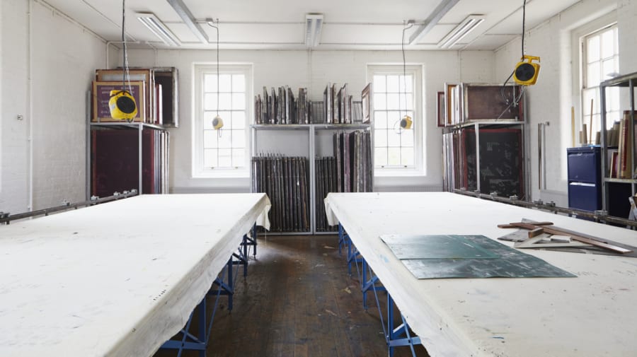 Screenprinting tables in the Chelsea textiles workshops.