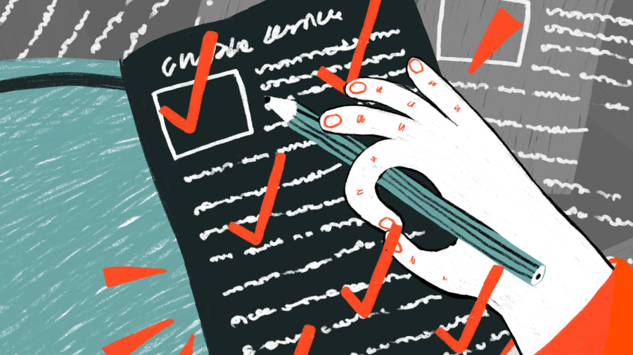 Illustration of a hand writing on a notepad