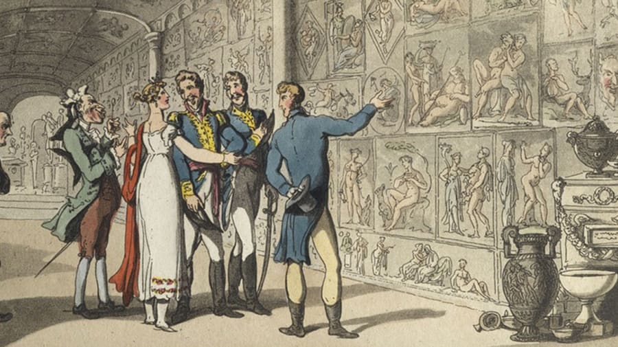 Historical illustration of people in museum.