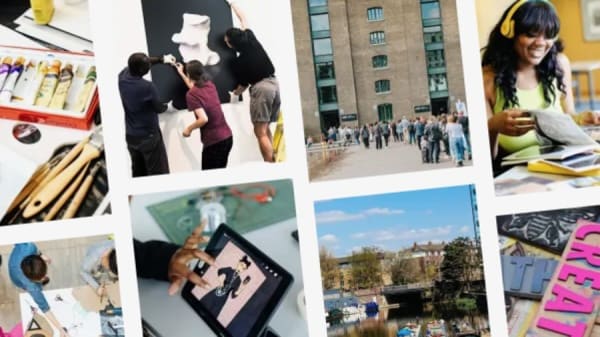 Collage of photos of students in action at UAL