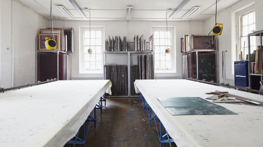 Screenprinting tables in the Chelsea textiles workshops.