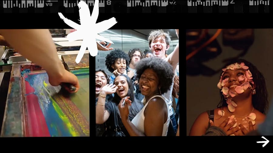 A series of images featuring close up of screen printing, a group of students laughing and waving at camera and a student in photoshoot looking at the camera with petals on their face.