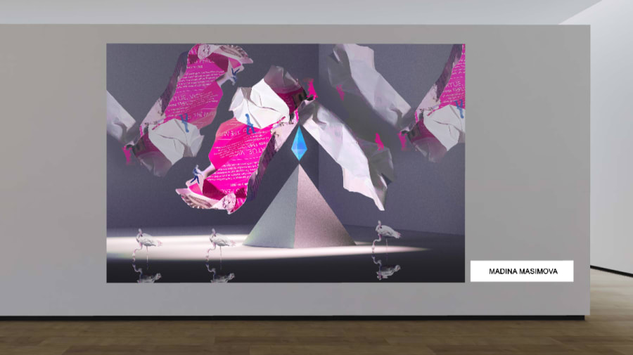 Pink and gre abstract with flamingoes