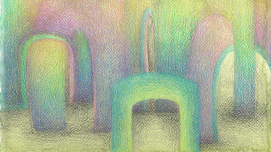 Abstract pastel artwork featuring multiple arch-like structures in shades of green, blue, purple, and yellow, with a textured stippled effect and softly blended background hues creating a surreal, dreamlike landscape