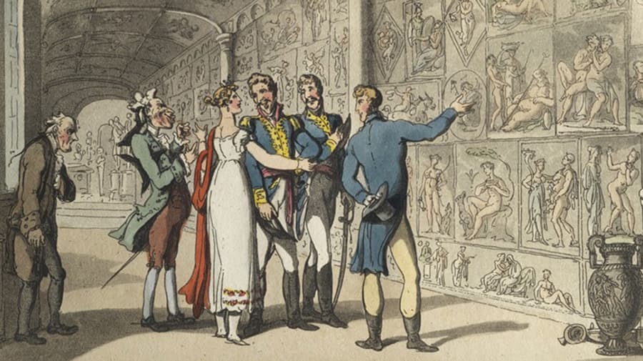 Historical illustration of people in museum.