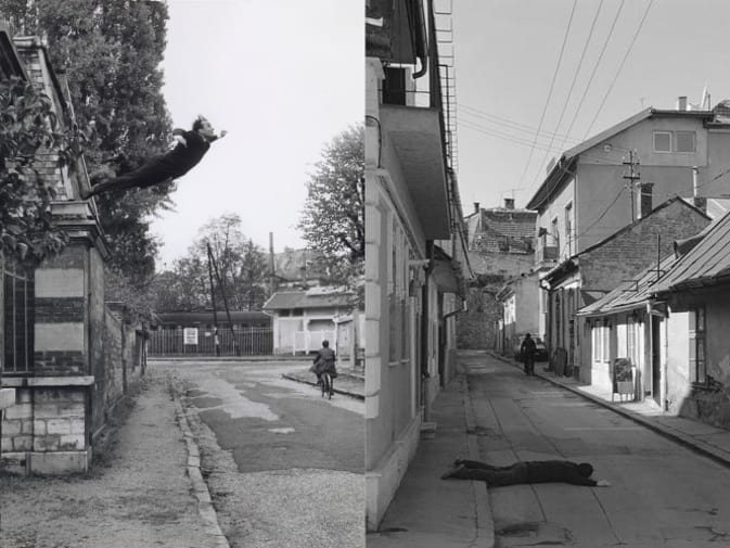 Photograph of Yves Klein leaping from a window