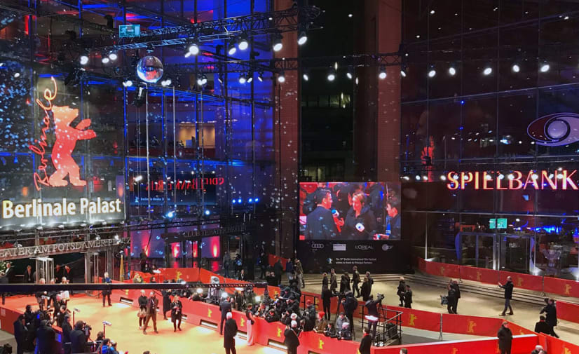The glittering entrance hall of a red carpet event at the Berlin Film Festival.