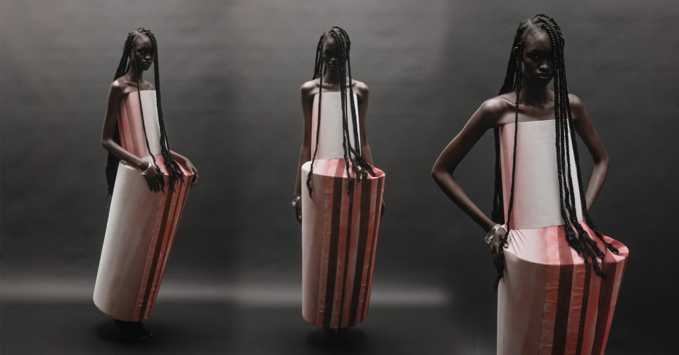 Composite image showing figure wearing red and pink garments from three perspectives