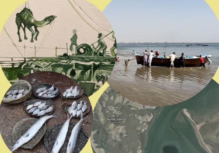 A collage with a map showing the Bundle and Buddo islands with historical images layered over top