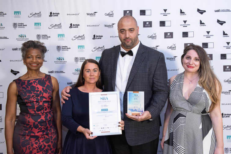 Ballers Academy manager Jamie accepting an award for Contribution to the Community at Southwark Business Excellence Awards 2019