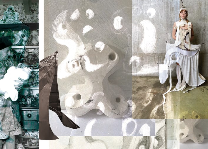 Composite image of sketchbook, photography and figure wearing toile garments