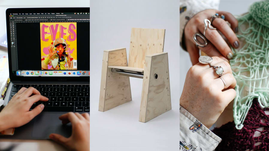 Yellow and red magazine cover on a laptop, wooden chair, hands working with knitwear