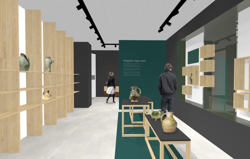 design mockup of a musem with shelving and people