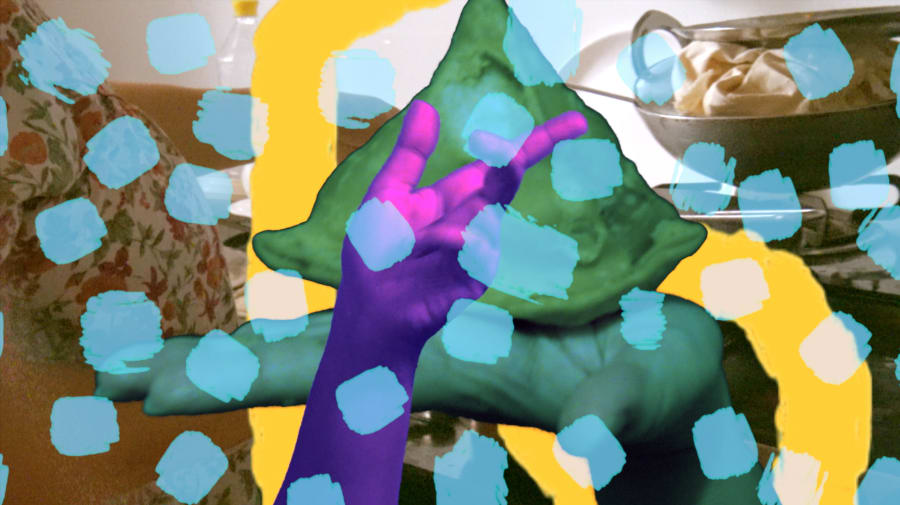 Collage of colourful graphic prints and photogrpahs of hands and traditional Indian foods