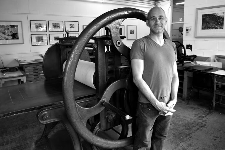 Brian Hodgson pictured in the Etching studio at Camberwell