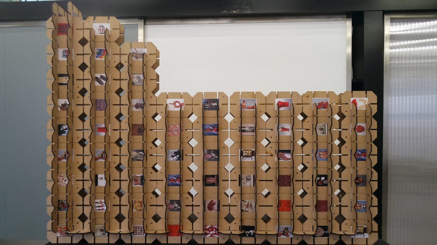 Photograph of Leanne's work using book covers to create a 3D structure.