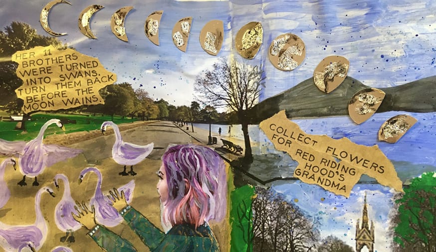 A collage of swans, flowers and blue skies.
