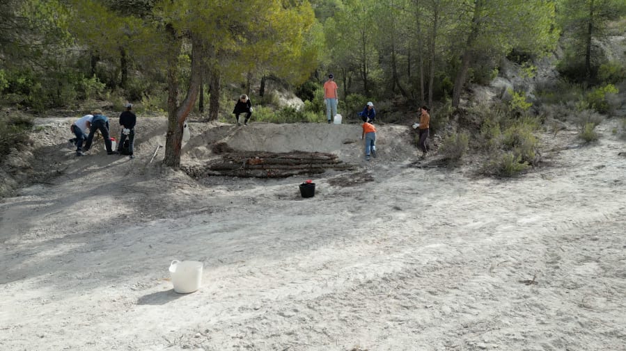 People standing and working on dry desert ground, some are wearing gloves and clearing the ground. There are trees in the background and piled logs, on with a gentle slope