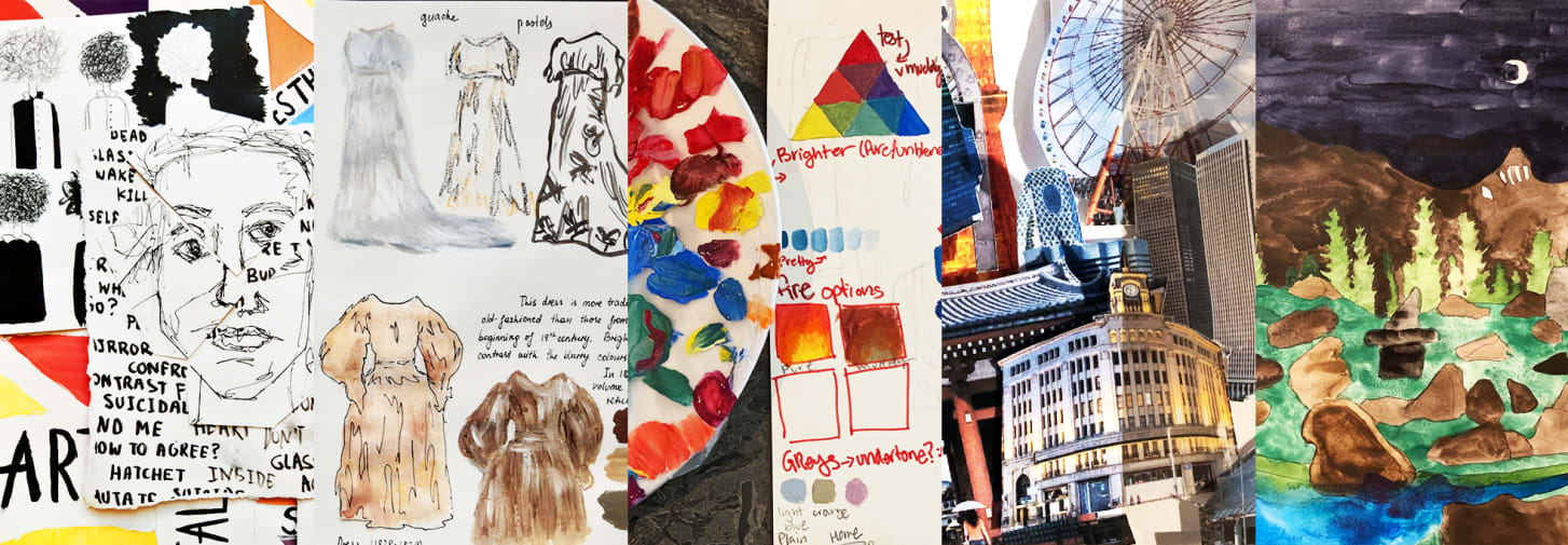 Art and Design School at Home for 13 to 16 Year Olds student work montage featuring collage, sketchbook work, paint on a pallet and a watercolour painting.
