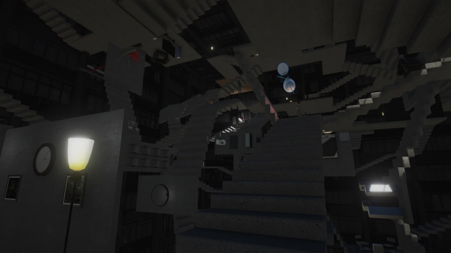 Digitally designed dark room with upside-down staircases and spectacles floating in the air.