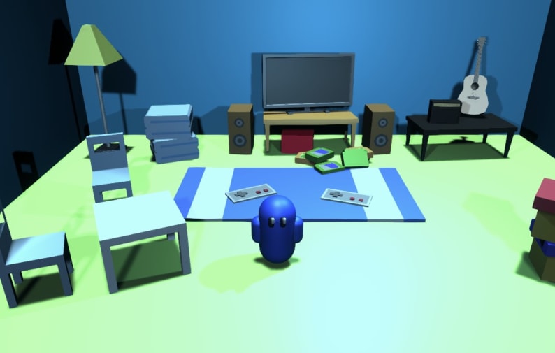 Still from Found Guys VS game featuring a television, games, and a character from the game.