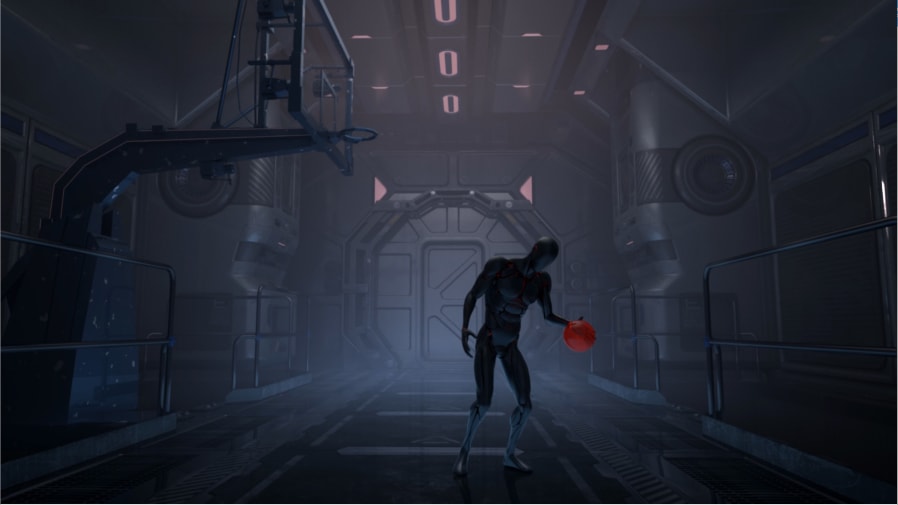 Computer animated cyborg character playing basketball in a futuristic metal room.