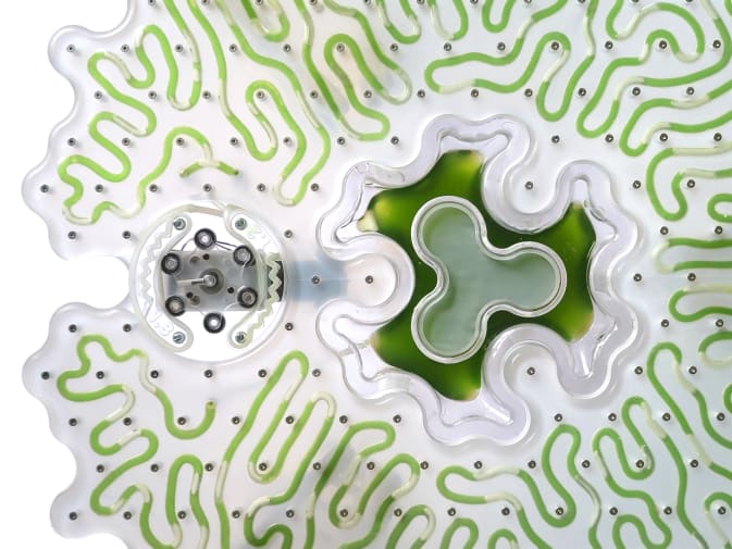 A close up of a white and green panel with shapes and patterns