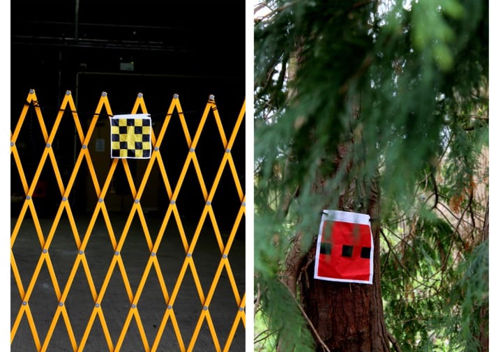 Two photographs, both showing exterior environments with coloured flags pinned on them