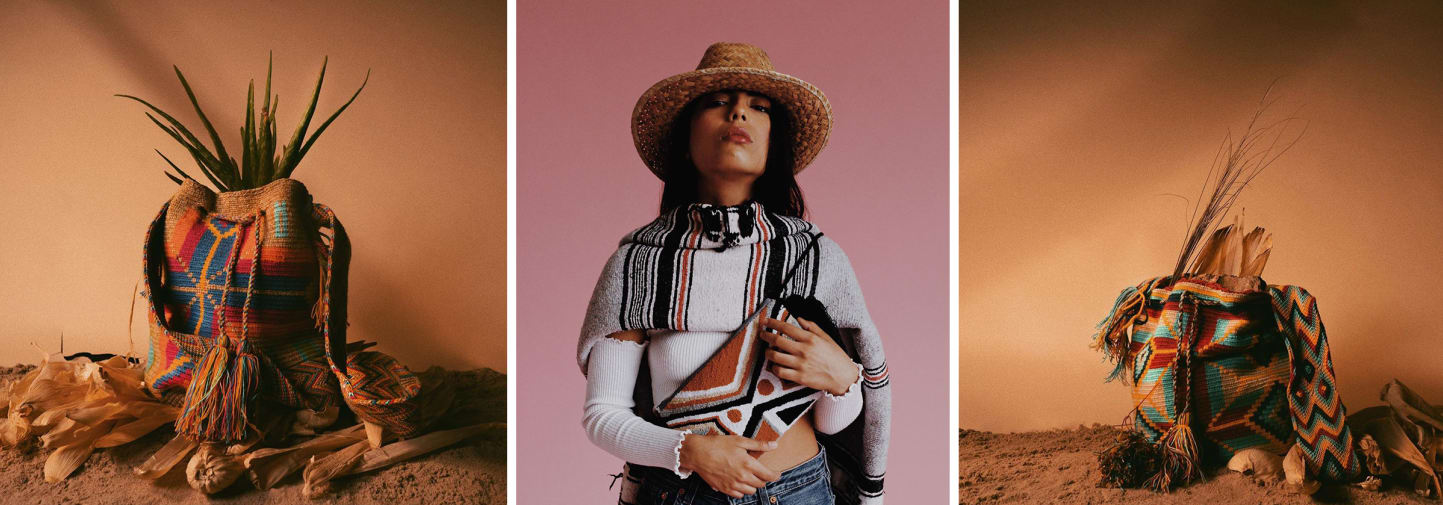 Models posing with traditional bags and hats from Venezuela