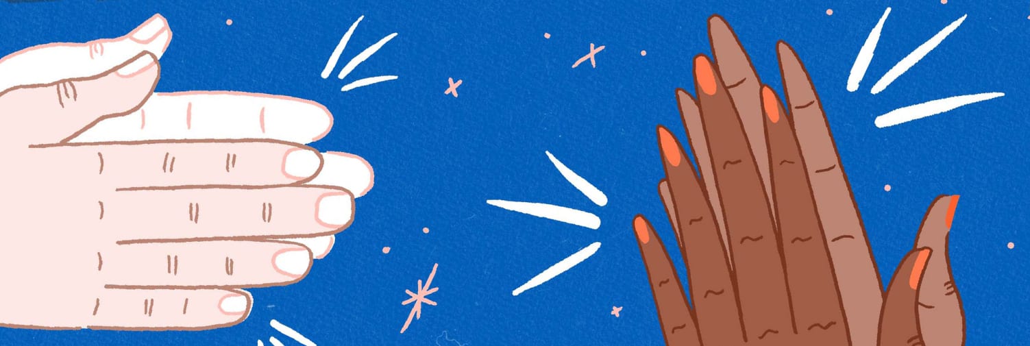 A section of a poster with two hands clapping 