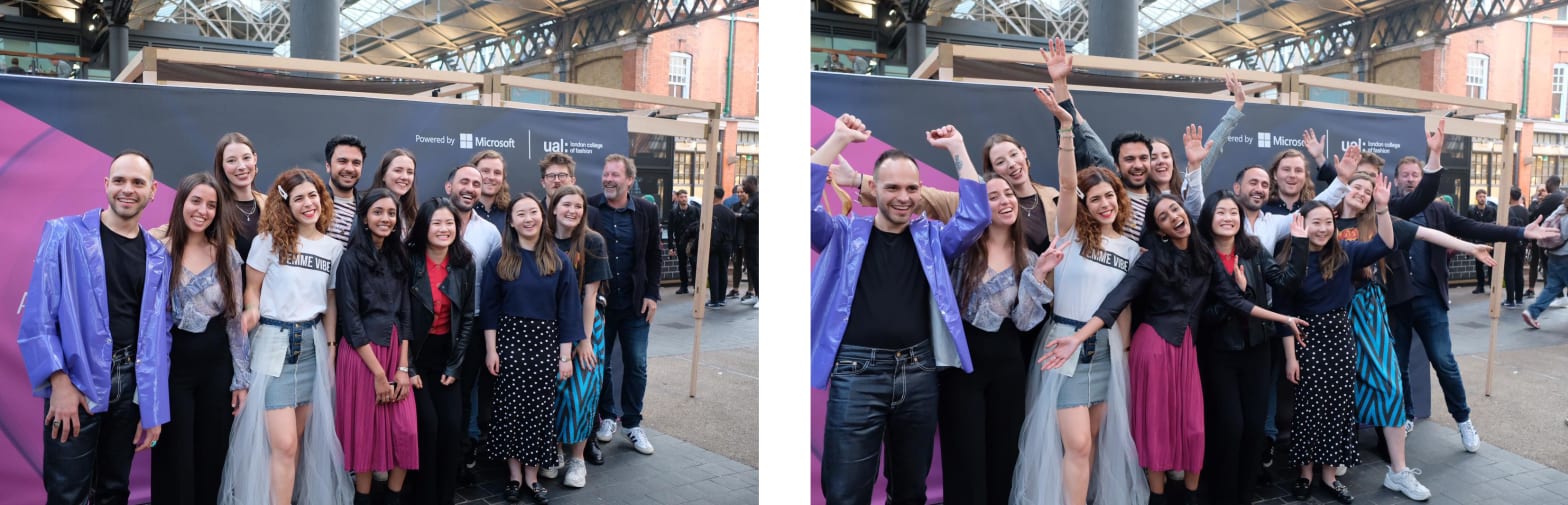 Several students having a photograph outside infront of a microsoft x LCF Banner