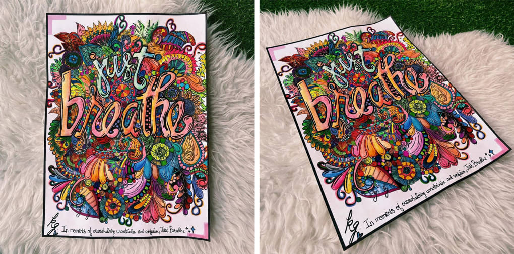 colourful illustrations of the words 'just breathe' on a furry carpet
