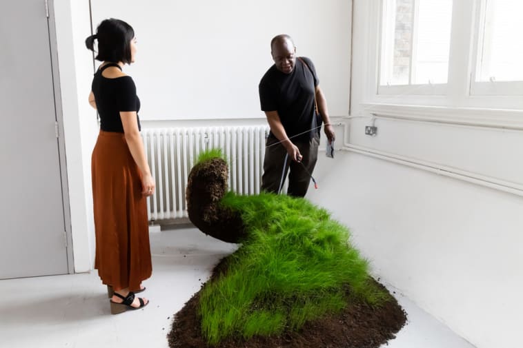Two people look at an art installation which features a grassy mound