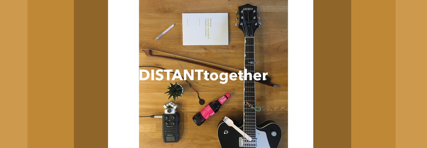 Distanttogether text with guitar and plant on a table