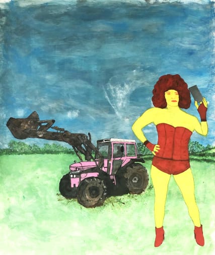 Painting of drag queen in nature with a tractor in the background