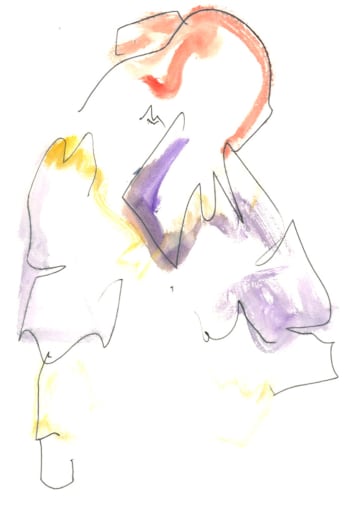 Megan-Ruth St Clair Morgan, BA (Hons) Fashion Illustration – illustration of Sofia Ilmonen, BA (Hons) Womenswear, Jinhee Moon, BA (Hons) Womenswear, and Mengna Ye, BA (Hons) Womenwear.