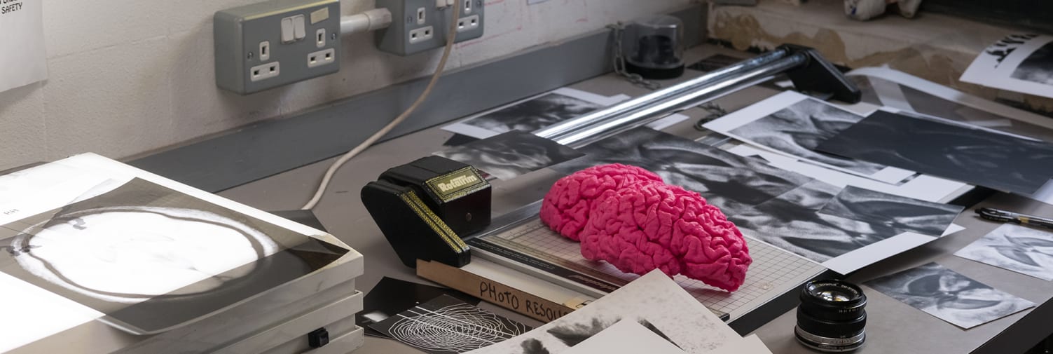 A bright pink model of a brain sits on a desk next to scanning equipment, a guillotine and a black and white print out of a brain scan.