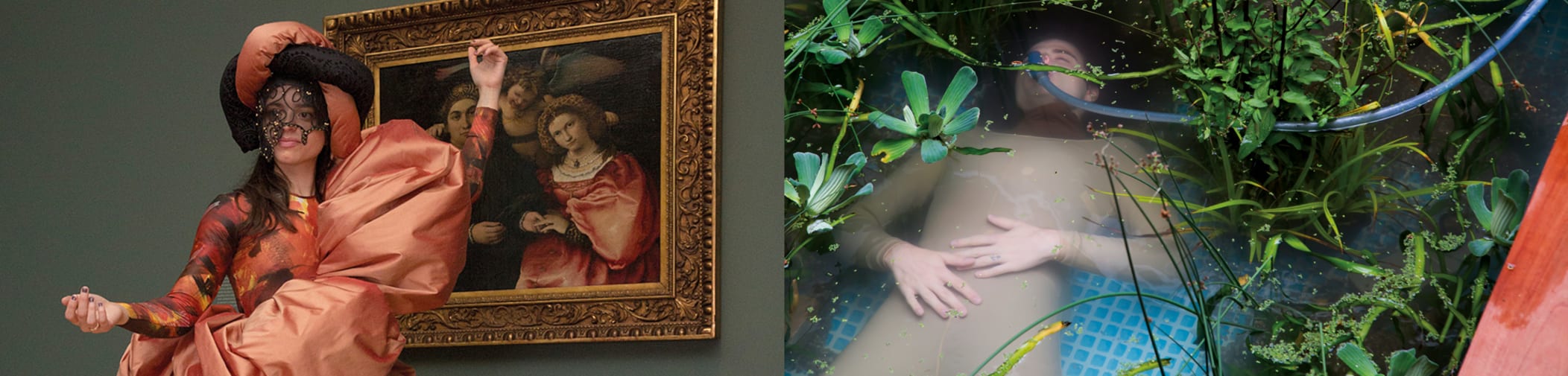 Model in costume posing in front of museum portrait (left) display featuring a person submerged under water (right)