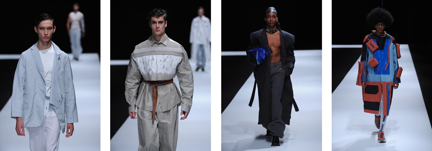 Four images of male models in menswear clothing