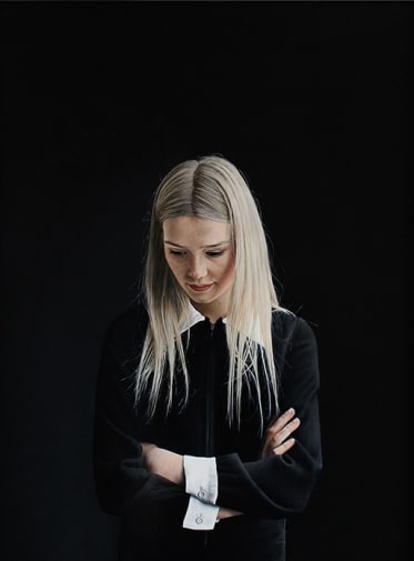 Charles Moxon, Sarah in a Black Dress. Oil on Canvas, 2014